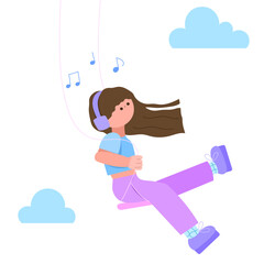 girl listening to music on swing relaxing and enjoying flat design illustration