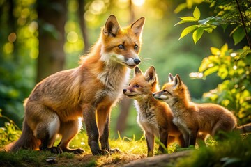 Fototapeta premium Adorable Fox Kits Candid Photography: Wildlife Family Moments in Nature