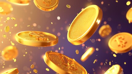 A 3D render of gold coins falling with a glowing light in the background.
