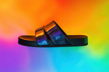 A stylish black slide sandal with glossy straps against a vibrant gradient background.