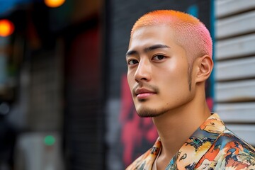 Portrait of young man with bright colored hair styled in a fashionable hairstyle. Hair coloring, individuality.