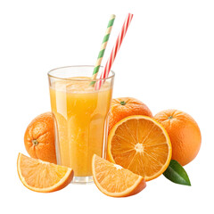 orange juice in a glass with straws and oranges