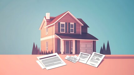 Flat illustration of a house with financial documents beside it, home loan concept 