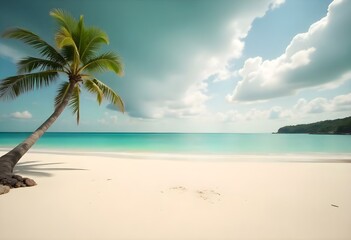 Obraz premium A tropical beach with a palm tree, clear blue sky, and fluffy white clouds A rocky coastline with a coconut tree, overcast gray sky, and dark storm clouds