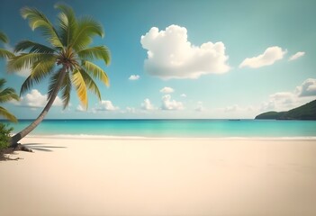
A tropical beach with a palm tree, clear blue sky, and fluffy white clouds  A rocky coastline with a coconut tree, overcast gray sky, and dark storm clouds