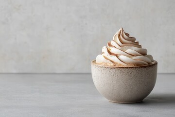 Korean beverage featuring a coffee dessert with whipped cream set against a gray backdrop Profile view empty space available
