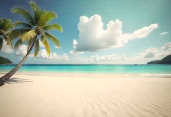 Obraz premium A tropical beach with a palm tree, clear blue sky, and fluffy white clouds A rocky coastline with a coconut tree, overcast gray sky, and dark storm clouds