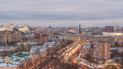 Obraz premium Moscow city Russia skyline aerial panoramic top view day to night timelapse urban winter snow scenery architecture background