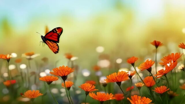 Monarch butterfly flaying over wild flowers field