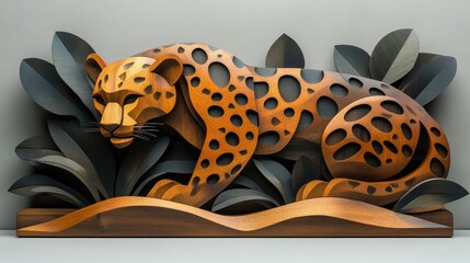 Wooden sculpture of a jaguar or leopard in jungle foliage.
