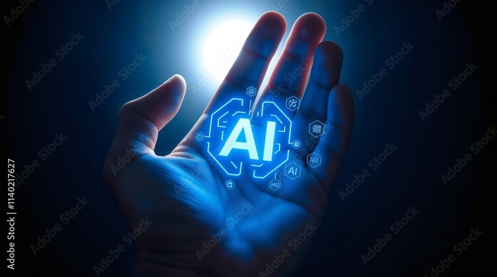 Poster ai in the palm of your hand: a futuristic, conceptual image of a hand cradling a glowing ai logo, sy