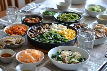 Korean bibimbap meal featuring various traditional side dishes