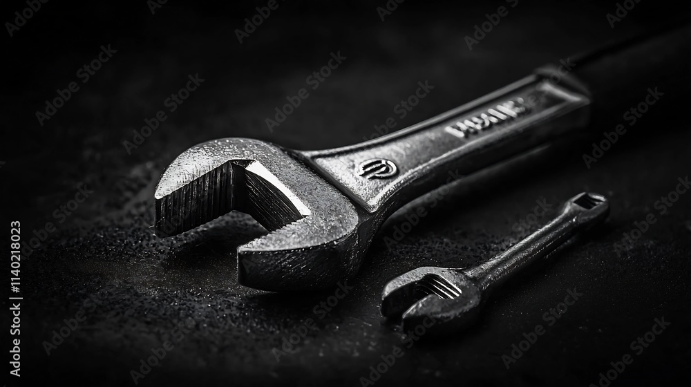 Poster a detailed close up photograph showcasing a shiny metallic adjustable wrench with a textured grip re