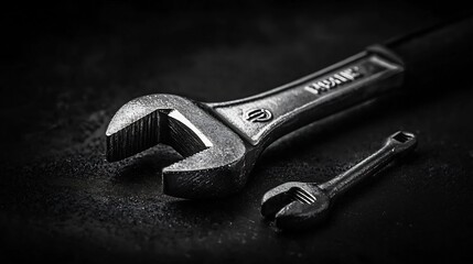 A detailed close up photograph showcasing a shiny metallic adjustable wrench with a textured grip resting on a smooth and minimalist background