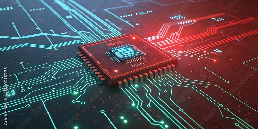 Aufkleber close-up of a printed circuit board with electronic components and chips in a tech and hardware sett