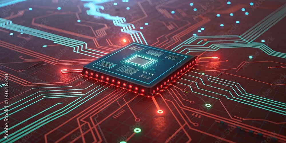 Aufkleber close-up of a printed circuit board with electronic components and chips in a tech and hardware sett