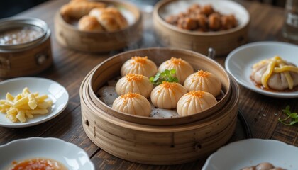 Chinese Dumplings on a Bamboo Steamer Basket