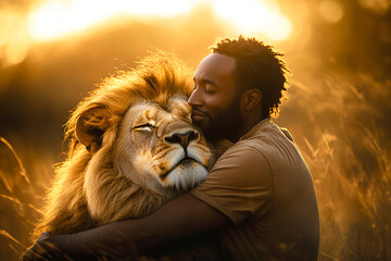 A black man hugs a lion in the savannah at sunset.
