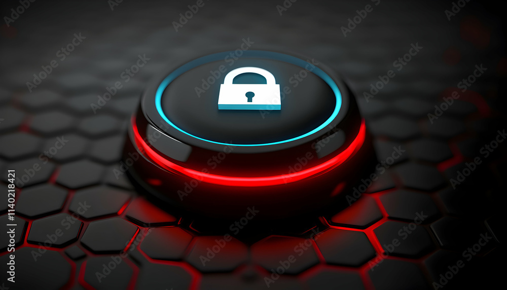 Poster futuristic illuminated button with a padlock symbol, representing digital security and data protecti