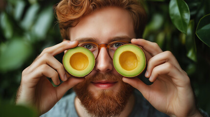 Smiling man playfully holding avocado halves over his eyes, symbolizing health, fun, creativity, and the joy of natural food
