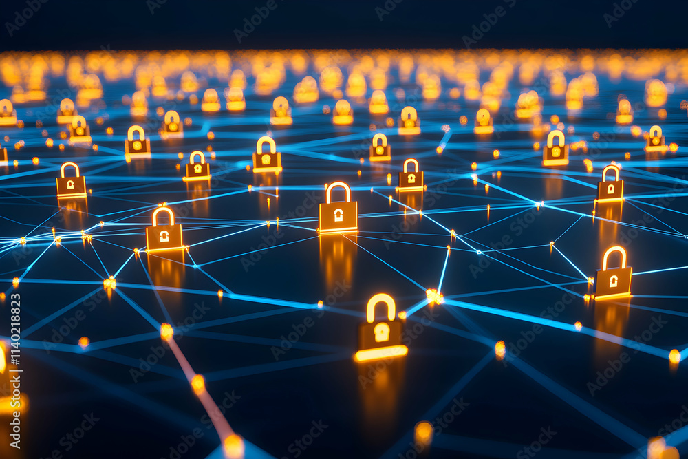 Poster abstract digital network security concept. glowing padlocks connected by lines, illustrating data pr