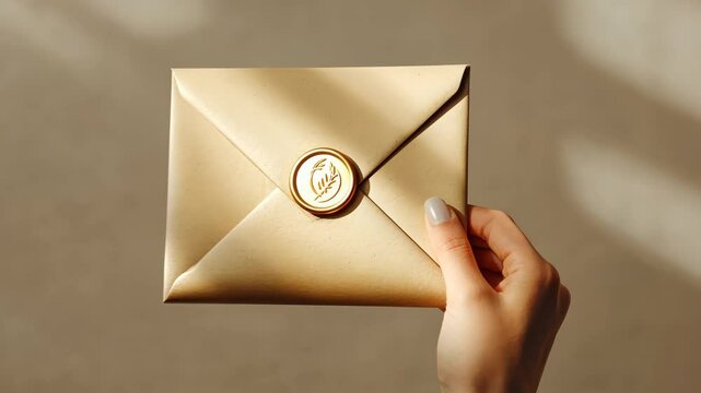A hand holding a brown envelope with a gold stamp on it
