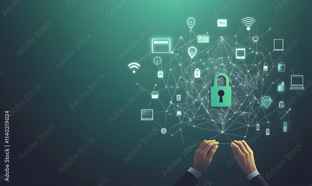 Poster secure digital network, cyber security, data protection concept. hands hold a glowing padlock connec