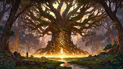 A mystical tree radiates light in a serene forest, evoking magic and tranquility.