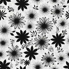 Black and white floral design featuring various flower shapes and leafy elements
