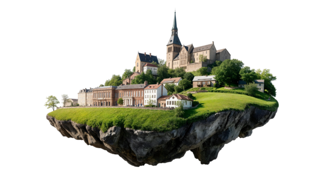 Realistic Floating Island with German City and Lush Green Landscape, Isolated on cutout, transparent png