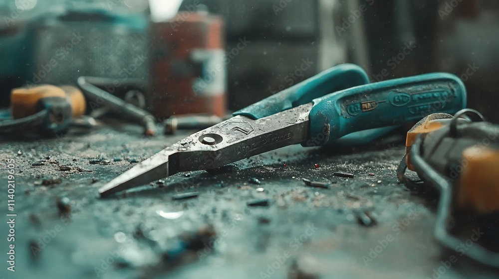 Aufkleber a close up view of a pair of diagonal pliers with rubberized handles resting on a clean minimalist t