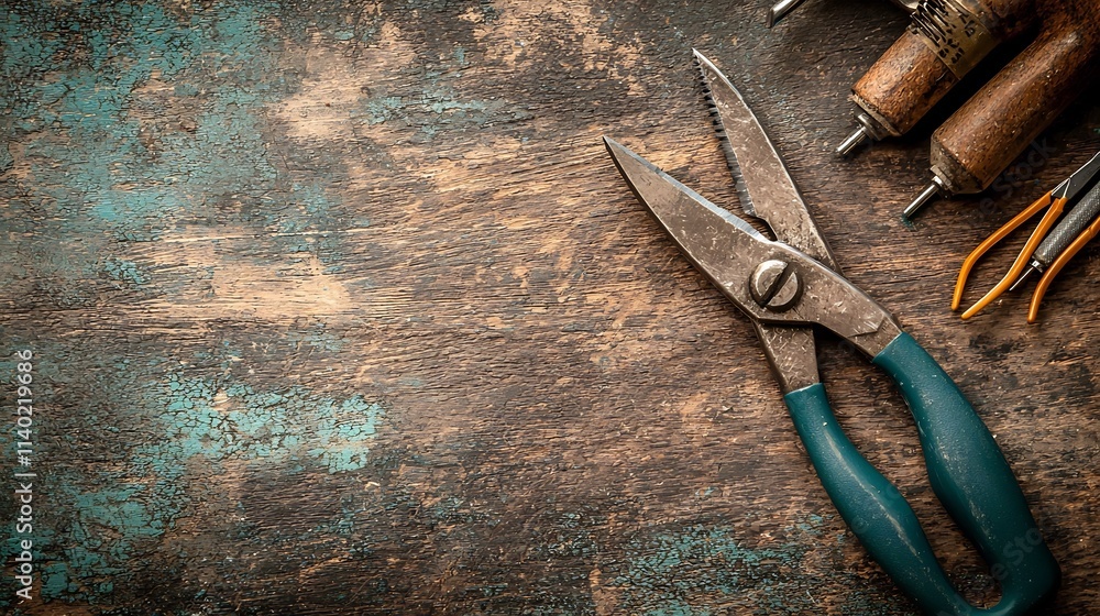 Poster close up photograph showcasing a pair of diagonal pliers with sturdy rubberized handles resting on a