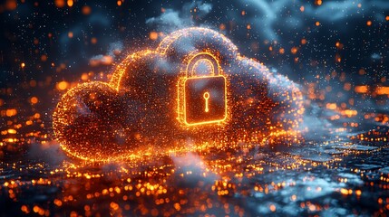 Futuristic Padlock Icon Hovering in Glowing Digital Cloud Symbolizing Cloud Data Security