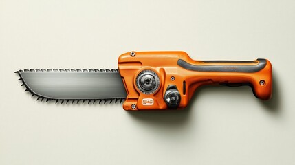 Obraz premium Sleek and Shiny Hacksaw with Slightly Angled Blade on a Neutral Background Perfect for DIY Projects Home Repairs and Construction Work