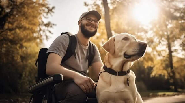 Happy Labrador assistant dog with a physical disability on wheelchair. Public park as background