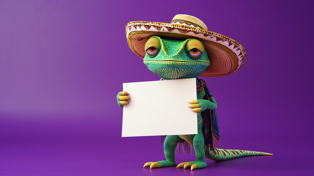 Colorful chameleon wearing a vibrant sombrero and holding a blank sign against a purple background, symbolizing creativity, humor, and customizable messaging. Empty copy space for text