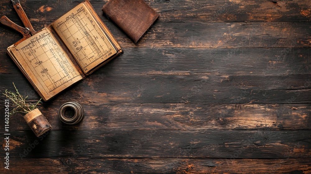 Poster overhead view of a carpenter s square with detailed measurement markings resting on a rustic wooden 