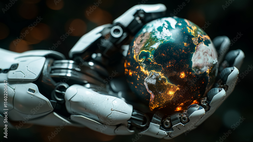 Poster robot is holding a glowing globe in its hand. the robot is white and the globe is black and green. t