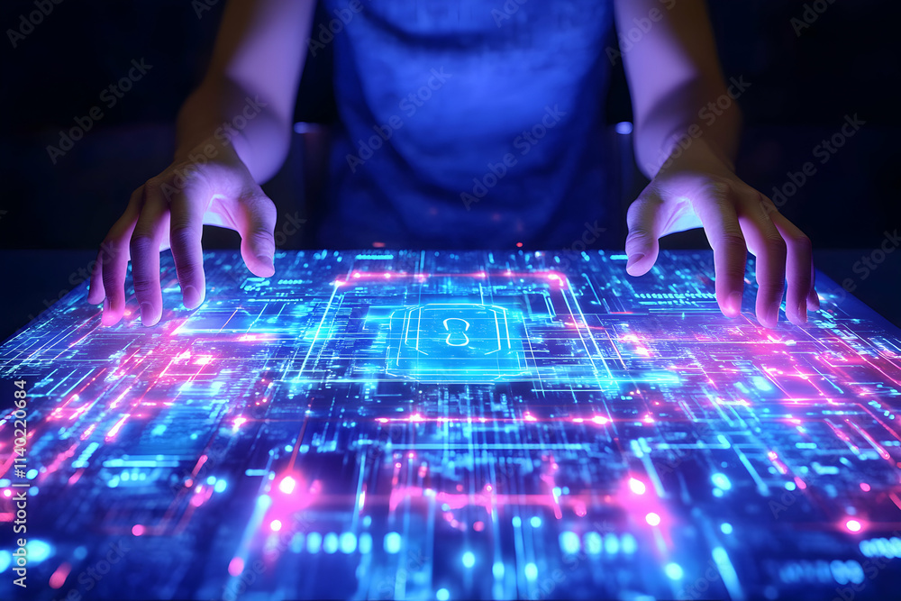 Poster futuristic digital security concept hands interacting with a glowing circuit board displaying a padl