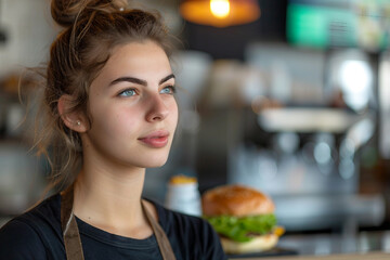 Generative AI Image of Fast Food Service Worker in Cafe or Takeout  takeaway to-go Restaurant