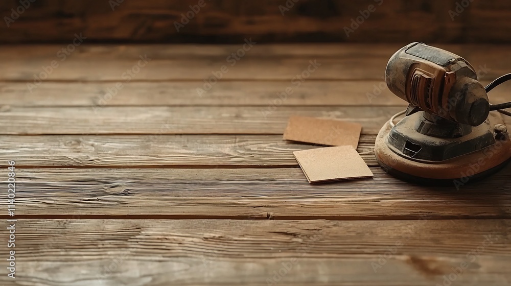 Poster a clean and minimal flat lay featuring a power sander with neatly arranged sandpaper sheets showcasi