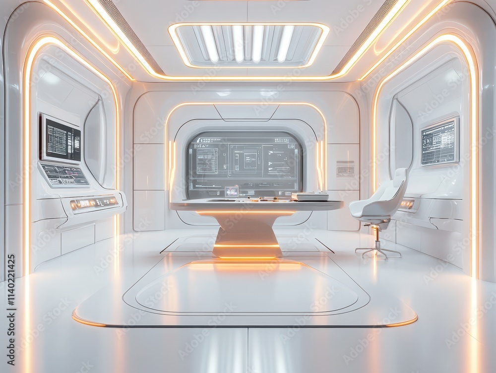Poster futuristic workspace with sleek design and advanced technology.