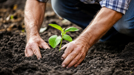 Hands of a farmer carefully planting a young green seedling into rich soil, symbolizing growth, sustainability, and care for the environment