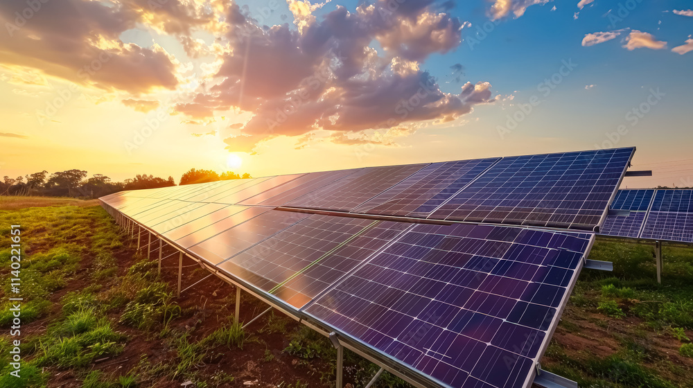 Poster solar panel field with the sun setting in the background. the sun is setting behind the solar panels