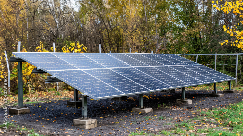 Poster solar panel array is sitting on the ground in a field. the panels are black and shiny, and the groun