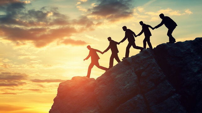Silhouettes of businesspeople holding hands on a cliff&rsquo;s edge, where one leader unknowingly pulls the entire team down, symbolizing poor leadership, blind trust, and the risk of collective failure