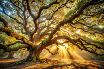 majestic tree with intricate branches and vibrant green leaves, illuminated by golden sunlight filtering through its canopy, creating serene and enchanting atmosphere