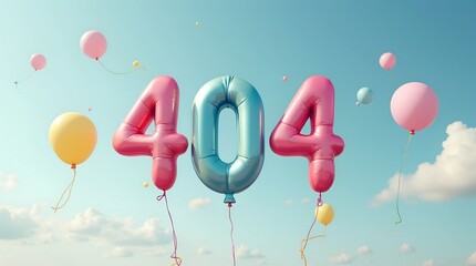 Colorful balloons display the number 404 against a bright sky with fluffy clouds during a sunny day celebration