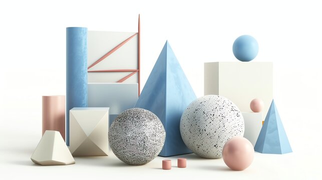 3D geometric shapes in white, blue, and pink on a white background.