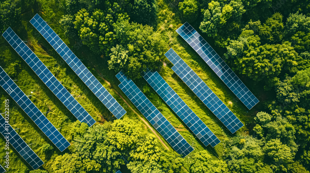 Poster solar panel field is shown in a lush green forest. the panels are arranged in a grid pattern, with e